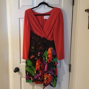 Ann Lawrence Vintage Red and Multicolor Long Sleeve Party Dress Size 8